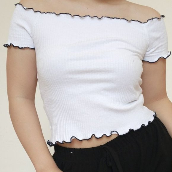 Zara White Ribbed Off Shoulder Top with Blue Trim - Picture 1 of 4